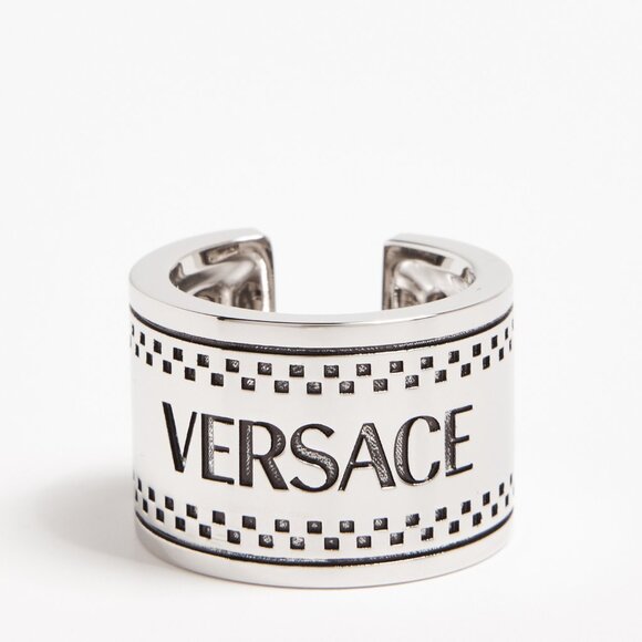Versace Silver Color Metal Logo Engraved Statement Cuff...